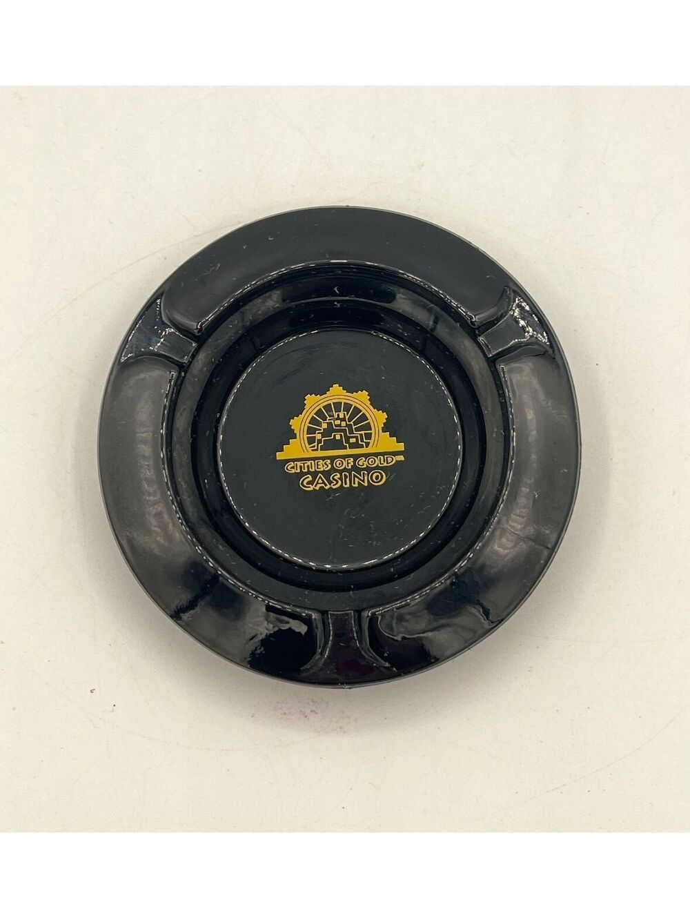 Vintage Cities of Gold Casino Black Glass Ashtray Made in USA